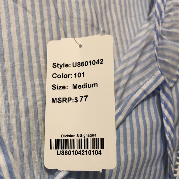 Suzanne Betro Blouse M Stripped Cotton 3/4 Sleeve Embroidered Boho Blue White - Picture 8 of 8